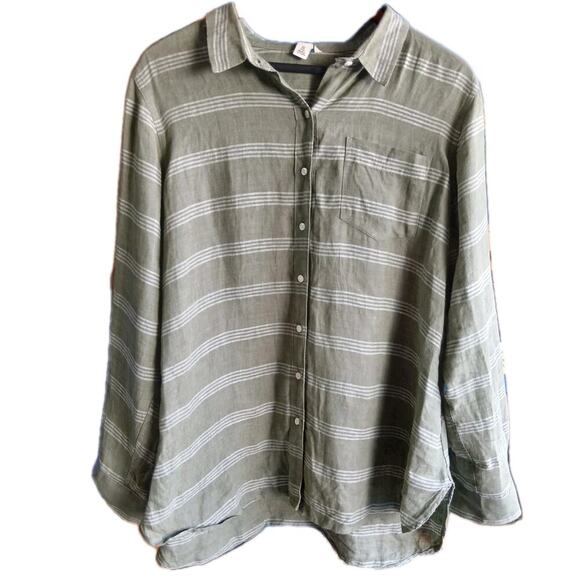 L.L. Bean Women's 1X Linen Shirt Long Sleeve Olive Stripe Green Button Down Top - Picture 1 of 8